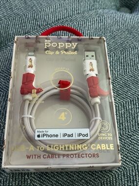XO Poppy Phone Charger USB-A Cable 4 ft NIB- Red Boots W/ Dog- Quick Charge
